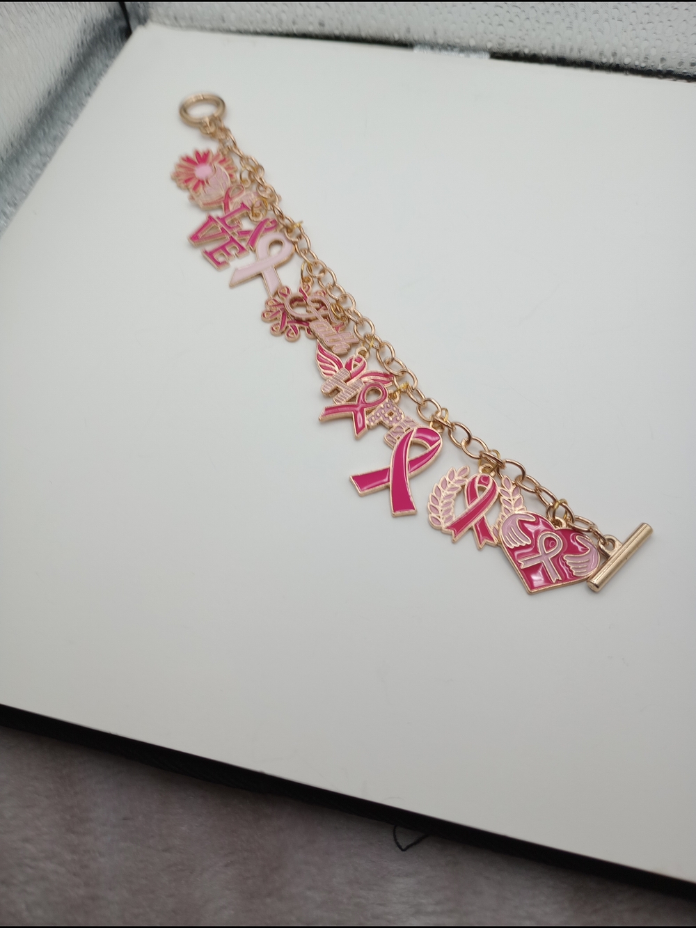 Gold Pink Breast Cancer Awareness Charm Bracelet - Picture 4 of 11